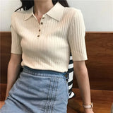 Girlary Korean Style Korean 2024 Women Elegant And Casual Polo Plunge Neck Short Sleeve Knitted Shirt Crop Tops