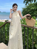 Girlary Summer New Elegant Flower Neck Pleated A-Line Loose Dress