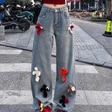 Girlary Women's Y2k Cross Print Straight Jeans Retro High Waist Denim Pant Casual Oversized Baggy Trousers High Street Plush Pants