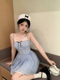 Girlary Bow Tie Lace Polka Dot Suspender Dress for Women's Summer French Sweet Short Blue Waist A-line Dress New