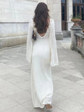 Girlary Crochet Backless Maxi Dresses Women Long Sleeve Sexy Beach Long Dresses Skinny V Neck Cut Out Sexy Party Dresses