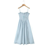 Girlary Summer Women Light Blue Sexy Hem Slit Sling Dress Lacing Up Bandage Back Female Midi Party Dress Robe