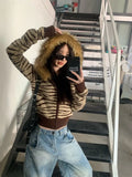 Girlary cute winter outfits Korean Retro Fur Collar Leopard Print Hooded Knit Cardigan Women's Y2K Autumn And Winter New Harajuku Niche Casual Joker Coat