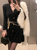 Girlary casual winter outfits Casual Autumn White Knitted Sweater Mini Dress Women Black Elegant Lady Dresses Fashion Party Pure Color One Piece Dress