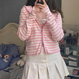 Girlary Spring Pink Cardigans Women Striped Knitted Tops Long Sleeve Zipper Thin Stretchy Hooded Sweater Harajuku Kawaii Clothes