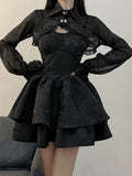 Girlary Black Sexy Lolita Dress Women Gothic Vintage Mini Dresses Harajuku Long Sleeve Fairy Two-piece Dresses Party Dress Sets