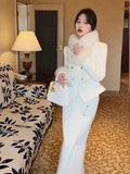 Girlary High-end White Blazer Skirt Suit for Women Elegant 2-piece Set Double Breasted Fur Cuffs Blazer Coat+Irregular Button Midi Dress