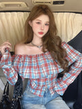 Girlary Blouses Retro Contrasting Plaid One Shoulder Long Sleeved Shirt Women Autumn Ruffles Stylish Versatile Streetwear Fashion Top