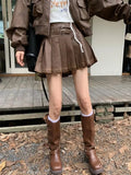 Girlary Vintage Y2k Leather Skirt Women Sexy Punk Pleated Skirt Brown Retro High Waist Fashion Streetwear A-line Mini Skirts