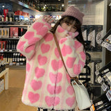 Girlary Winter Japanese Coats Korean Fashion Kawaii Lambswool Coats Pink Heart Women Faux Fur Teddy Jackets Outerwear Female Overcoat