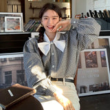 Girlary Spring Plaid Blouses Ribbon Chiffon Shirts Japanese Solid Color Slim Elegant Feminino Camisas Autumn