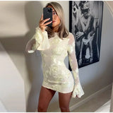 Girlary Sexy 3d Flower Party Mini Dress Women Embroidery Mesh Backless O-neck Flare Sleeve Hip Package Dresses Party Wedding Clubwear