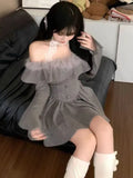 Girlary Korean Sweet Mini Dress Sexy Gray Off Shoulder Long Sleeves Lace-up A-Line Party Dresses Y2K Female One Piece Vestidos Mujer New