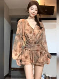 Girlary Elegant Chic Chiffon Floral Print Dress for Women Vintage Long Sleeve Dresses Spring Summer Beach Holiday New Female Clothes