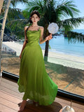 Girlary Summer Green Sleeveless Slip Sexy Club Vacation Elegant Pleated Mini Dress New Fashion Evening Party Dress Women Streetwear