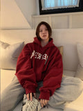 Girlary Red Hooded Women Clothing Vintage Street Sweatshirt Hiphop Y2K Letter Printing Pullover Long Sleeves Warm Oversize Ladies Tops