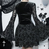 Girlary InsGoth Gothic Long Sleeve Ruffle Mini DressWomen's Vintage V Neck Velvet StretchyBodycon Cocktail Dresses Victorian Blouse