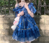 Girlary Japanese Sweet Arctic Night Lolita Princess Dress Girls Cute Chic Ruffles Lace Bow Party Dresses Women Kawaii Blue Mini Vestidos