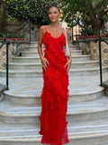 Girlary 2024 Elegant Red Chiffon Slip Dresses for Women Sexy Spaghetti Strap Backless Lace-up Ruffles Long Maxi Evening Party Prom Dress