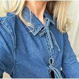 Girlary Lace Up Bow Denim Shirt Women Causal Long Sleeve Pocket Turn-down Collar Loose Blouses Top 2024 Spring Solid Office Lady Clothes