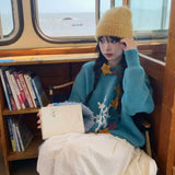 Girlary Korean Round Neck Sweater College Style Christmas Blue Snowflake Hook Pattern Imitation Mink Fur Pullover Winter Women