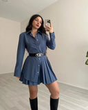 Girlary  Women Navy Blue Striped Short Shirt Dress Vintage Long Sleeve Hem Box Pleat Female Asymmetric Dresses