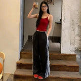 Girlary Women's Striped Sports Baggy Sweatpant Lace Patchwork Streetwear Wide Leg Trouser High Waist Plus Size Korean Style Black