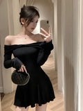 Girlary Autumn Sexy Off Shoulder Mini Dress Wonem Long Flare Sleeve A-line Slim Fit Pleated Clothing Fashion Sexy Party Prom Mujer