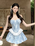 Girlary High Qualitty Blue Sleeveless Off Shoulder Sweet Mini Dress Corset Lace Jacquard Slim Fit Women Sexy Y2k Summer Clothing