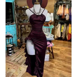 Girlary Women Sexy Satin Bodycon Long Dress Vintage Backless Strapless Ruffles Fork Party Club Elegant Evening Dresses Female Vestidos