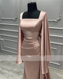 Girlary Customized Square Neck Satin Full Sleeves Mermaid Simple Formal Evening Dresses 2024 Court Train Prom Dresses Party Dresses