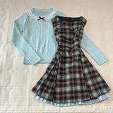 Girlary France Sweet Preppy Style Slim 2-piece Set Women Vintage Chic Plaid Lace Vest Dress Female + Blue Knit Bow Long Sleeve Pullover