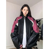 Girlary American New Color Matching PU Leather Lovers Motorcycle Wind Casual Jacket Y2K Street Fashion Design Baggy Coat Men And Women