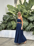 Girlary Elegant Solid Belt Slim Off Shoulder Sleeveless Robes Fashion Women Denim Strapless Maxi Dress 2025 Chic Beach Vocation Vestdios