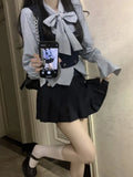 Girlary Preppy Style Women Casual 3 Piece Skirt Set Sweet Vest + Slim Bodycon Elegant Blouse + Office Lady Mini Skirt Korean 2024 Spring