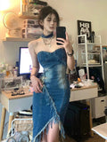 Girlary Sexy Party Birthday Dress for Women Sleeveless Strapless Irregularity Patchwork Summer Denim Midi Long Dresses Clubwear