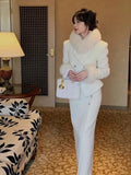 Girlary High-end White Blazer Skirt Suit for Women Elegant 2-piece Set Double Breasted Fur Cuffs Blazer Coat+Irregular Button Midi Dress