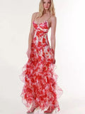 Girlary Spring and Summer New Shoulder Women's Fashion Chiffon Print Long Elegant Evening Dress