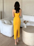 Girlary Tight Fitting Buttocks Elastic Waist Yellow Suspender Dress Women's Summer Vacation Style Long Dress New