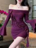 Girlary Mini Dresses Women Elegant Diagonal Collar Slim Flare Long Sleeve Ruffles Sexy Ruched Party Dress Ladies Clubwear