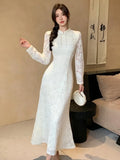 Girlary Chinese Style Elegant Hollow Out Lace Mermaid Dress New Fashion Sexy Slim Wedding Party Dresses Solid Bodycon Vestidos Mujer