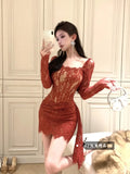 Girlary Sexy Long Sleeve Lace Corset Draped Mini Dress Women Black Square Collar Backless Ruched Bodycon Dresses Party