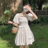 Girlary Summer Korean Fresh Pleated New Vestidos Square Neck Floral Puff Dress for Women Short Slim Waist Flower Bud Dresses