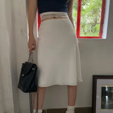 Girlary Elegant White Women Satin Skirt Fairycore Ruffle Mid Skirts Coquette A-line Basic Casual Korean Style Summer Silk Skirt