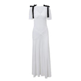 Girlary Elegant White Bow Maxi Dress for Women Fashion Puff Short Sleeve Slim Party Dresses 2024 Summer Holidays Party Draped Dress