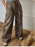 Girlary Leopard Print Wide Leg High Waist Pants Women All Match Loose elastic Trousers with drawstring Female Spring Casual Lady Pant