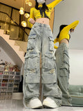 Girlary American Spice Girl Heavy Industry High Street Multi-Pocket Wide Leg Hip Hop Jeans Y2K High Waist Baggy Straight Pants Tide