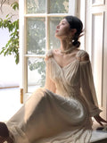 Girlary Autumn Vintage Chiffon Midi Dress Women Long Lantern Sleeve V-neck A-line Vestidos Elegant Chic Evening Party Prom Clothing