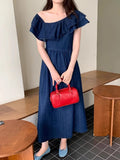 Girlary Summer Off Shoulder Ruffle Collar Long Denim Dress Women High Waist A-line Midi Sundress Female