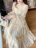 Girlary French Elegant Fairy Lace Dress Women Autumn Sweet Ruffles Petal Sleeve High Waist Princess Clothing Vintage Evening Party Mjuer